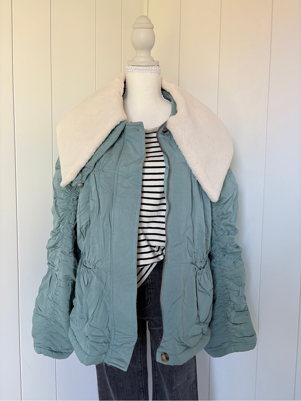 Light Blue Sherpa Collar Puffer Jacket